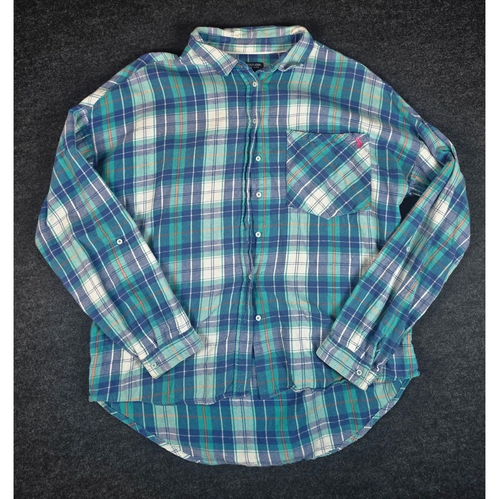 US Polo Assn Womens Blue Plaid Flannel Button Up Shirt Long Sleeve Size L